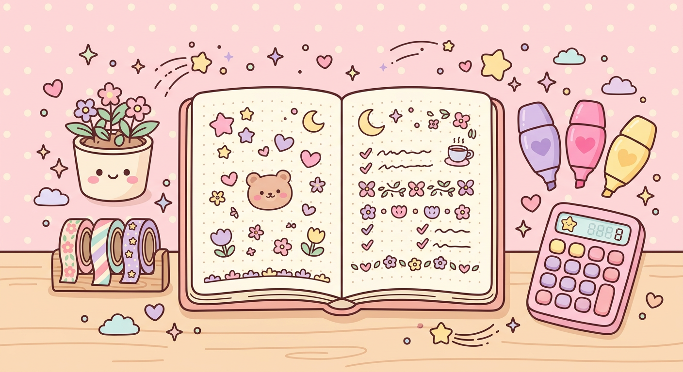 Kawaii illustration of a journal desk with stationery